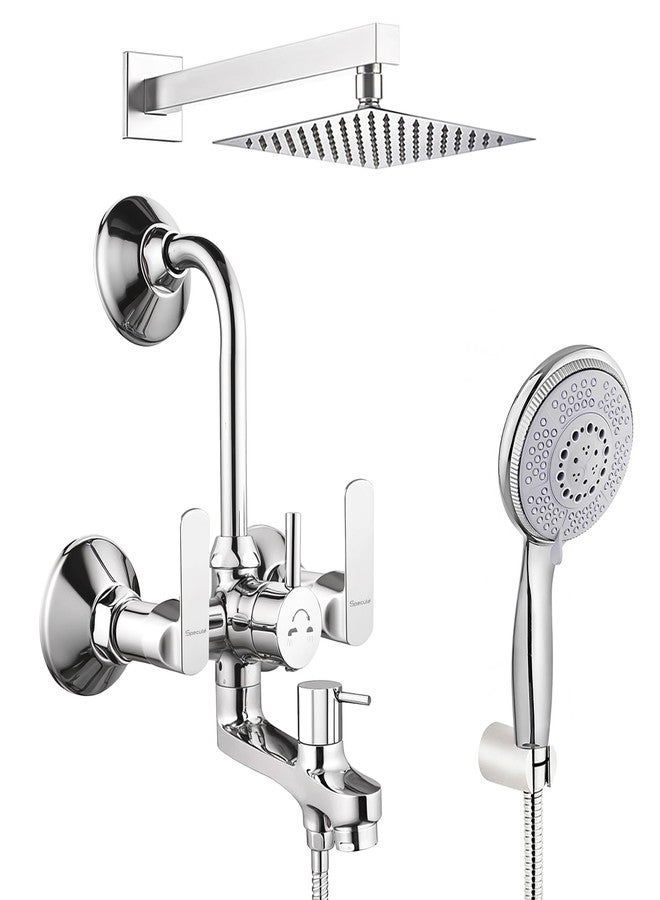 Specule Donald Series 3-in-1 Wall Mixer Set | Pure Brass Bathroom Mixer with 8x8 Inch Overhead Rain Shower, Multi-Flow Hand Shower & 1.5m Hose Pipe | Chrome Finish | Complete Shower System - Image 1